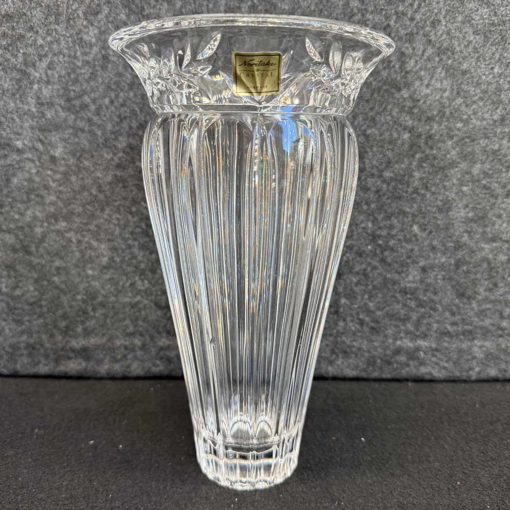 Noritake South Haven Crystal Vase 9" Flared Laurel Cut Rim Fluting Germany - Picture 6 of 12